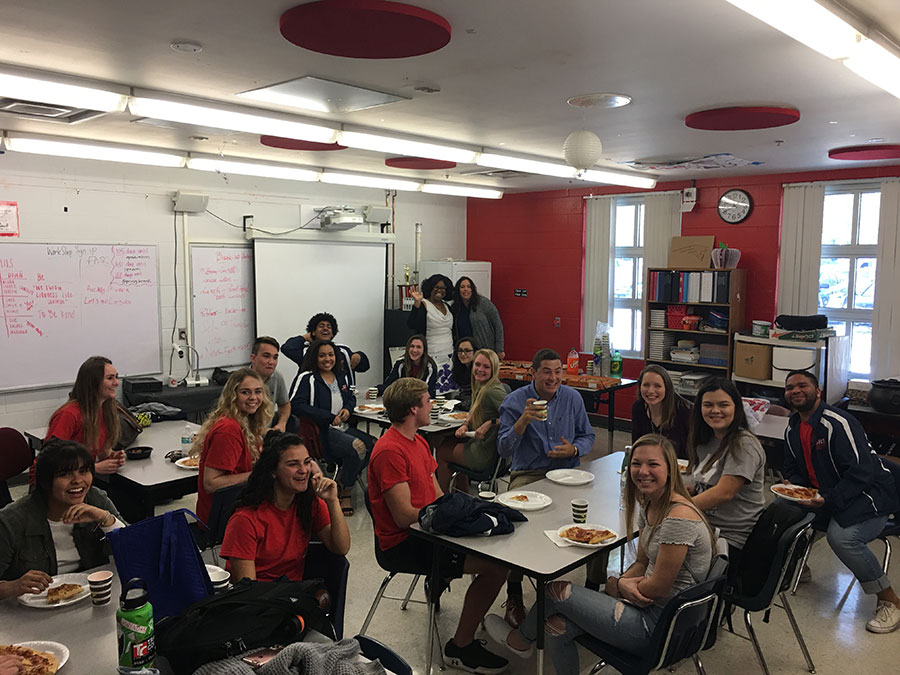 Leadership students at Lake Brantley gather for lunch in Rm 7-113. Pizza was ordered for them as a way to encourage the exchange of ideas to occur.
