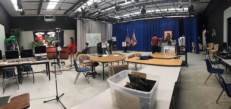 A panoramic shot of the television production studio at the start of the morning live show. The anchors are sitting patiently waiting for their cues to know when they can start to talk.