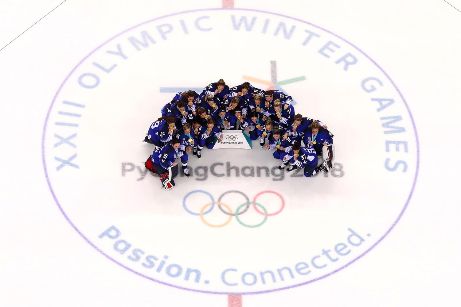 Team United States of America (gold) poses after defeating Team Canada (silver) 3-2 in the Women's Ice Hockey Gold Medal game on day 13 of the PyeongChang 2018 Winter Olympic Games at Kwandong Hockey Centre on February 22, 2018 in Gangneung, Republic of Korea.
GettyImages