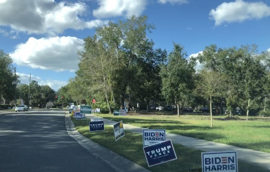 Various presidential signs are lined up along roads throughout Seminole County during the weeks leading up to election day. “I do not think presidential signs affect people’s voting habits,” senior Melissa Sargent said. “Even after long discussions about candidates, it’s very rare that someones mind is changed, so a simple sign most definitely won’t affect anyone”. 
