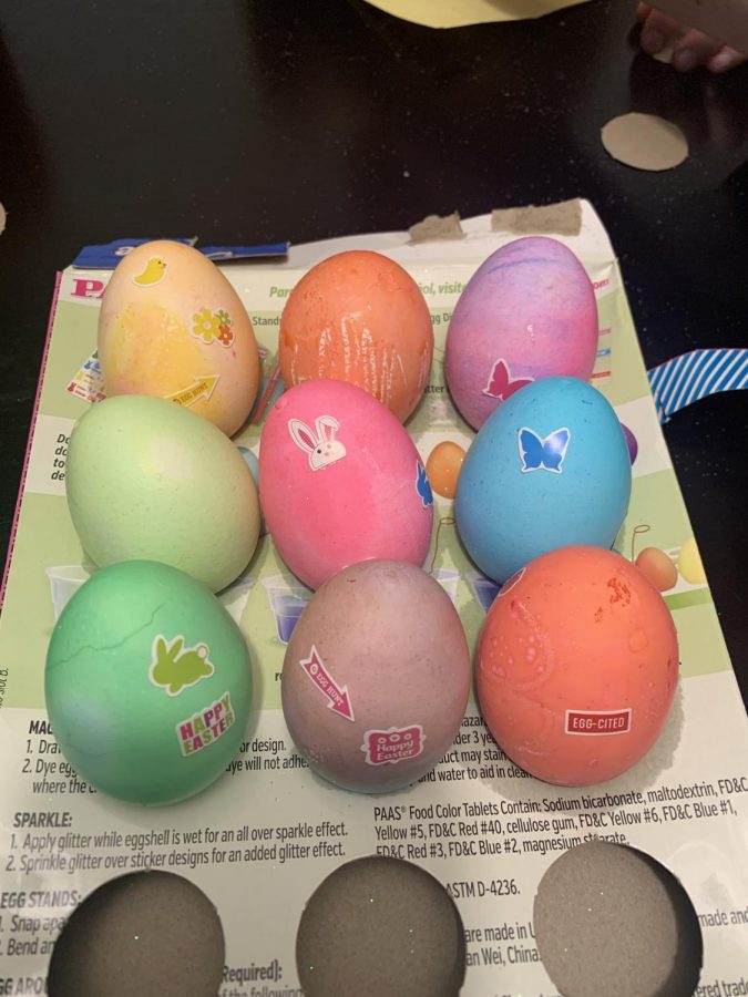 Once the eggs are finished, Brooke put the dyed eggs in the box that came with the egg dye to dry. “We put them in an egg carton and then put them on display for dinner,” Thompson said.