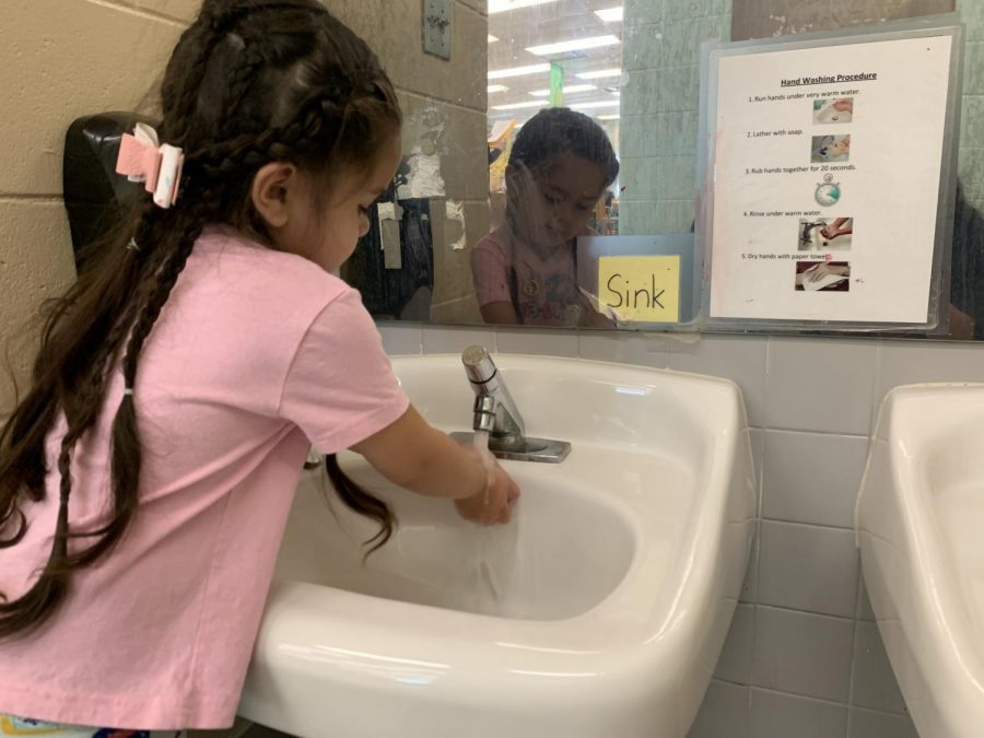 Before sitting down to eat lunch, the preschoolers wash their hands. The preschoolers have learned to form habits early of self-hygiene early on. “We bring the kids in from outside and wash their hands,” sophomore Mayson Cooney said. “Its important for the kids to wash their hands because when theyre outside, there are a lot of germs. They touch a lot of stuff with their hands, so we have the children wash wash their so that they don’t get sick.”
