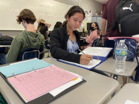 During Mrs. Visavachaipan’s 3rd and 4th block period of AP Calculus AB and BC, junior Olivia Abram finishes up an assignment. Due to scheduling, this now 35 student class is the only time the class is offered on campus. “With a lot of kids in that class, it makes it different when you’re learning,” Abram said. “There’s less one-on-one help with the teacher.”