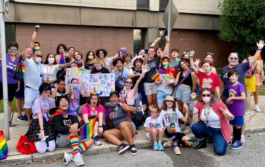 Members+of+the+Gay+Straight+Alliance+marched+in+the+parade+at+Come+Out+with+Pride+2021.+Students%2C+teachers%2C+parents+and+community+members+gathered+on+Oct.+10+at+Lake+Eola+Park.