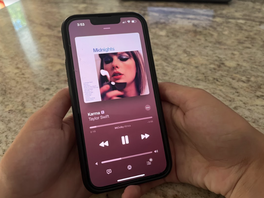 A student listens to Karma off Taylor Swifts 10th studio album Midnights, released on Oct. 21, 2022. The album is already breaking records, with it becoming the most streamed album within its first 24 hours of release on Spotify, Apple Music and Amazon Music. 