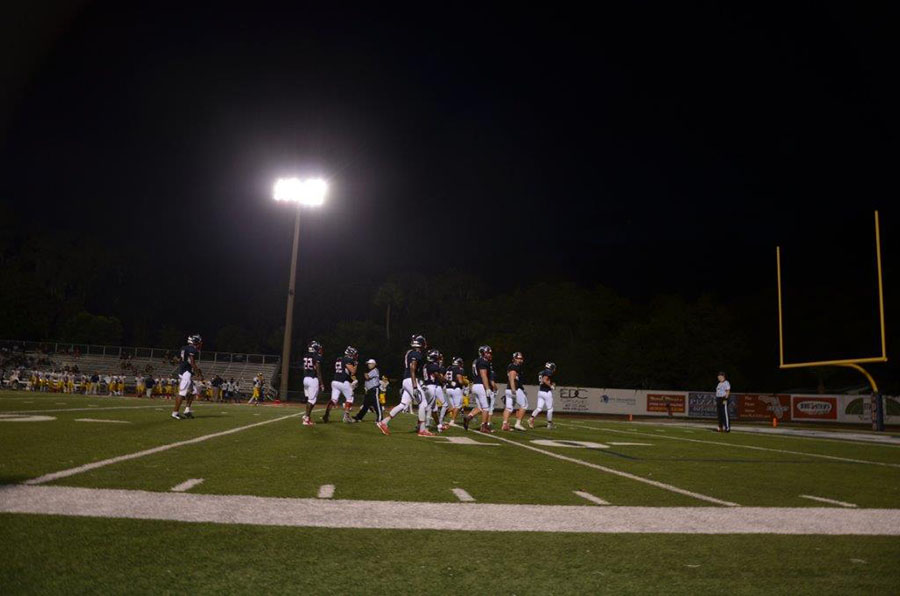 Lake Brantley offensive line players walk back to the field for the next play during the football game held on September 7. Lake Brantley defeated Winter Haven by a touchdown, with a score of 35-28.