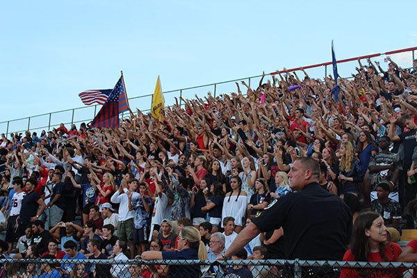 The student section in the Darwin Boothe Stadium cheers for the football team on Thursday, September 7. The student section was not disappointed by the team’s defeat of Winter Haven High School, ending the game with a final score of 35-28.
