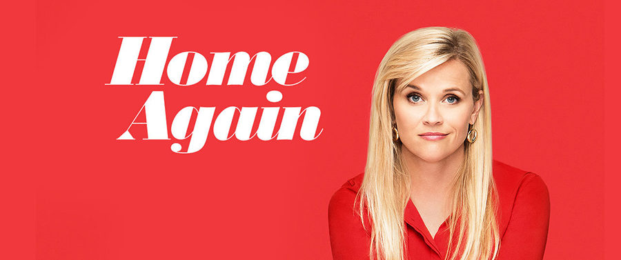 The movie poster for Home Again features Reese Witherspoon in front of a red background.