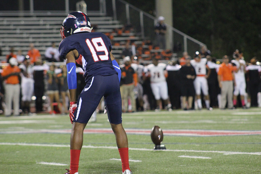 Senior Davon White prepares for a kick off at the Tom Storey Field on Friday, Oct. 20. With a final score of 49-21, the Patriots defeated the Lions.

