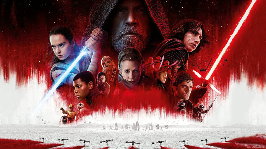 The movie poster displays the main cast of the newest Star Wars film.