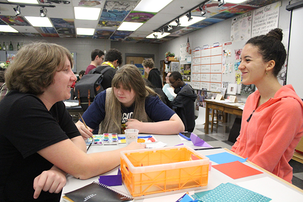 The members of Origami club, sophomores Quentin Voccia and Jaclyn Arnold, join their Art Society counterpart, Faith Lapp, in order to create origami and cards for the students of Marjory Stoneman Douglas. Students learned new methods of origami and also tested their creative boundaries while creating cards for the victims. 