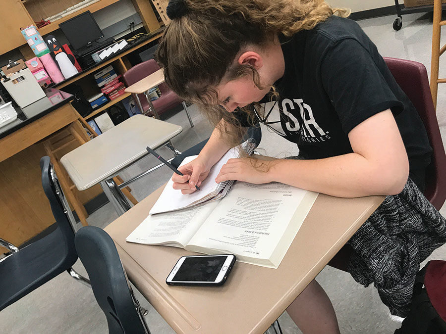 Junior Rhianna Applegate completes a review for Advanced Placement[AP] Environmental Science on Tuesday, May 8, in room 5-009 in preparation for the AP National. The students were required to write out the question and answer from the review book along with an explanation of what led them to that anwer choice. 
