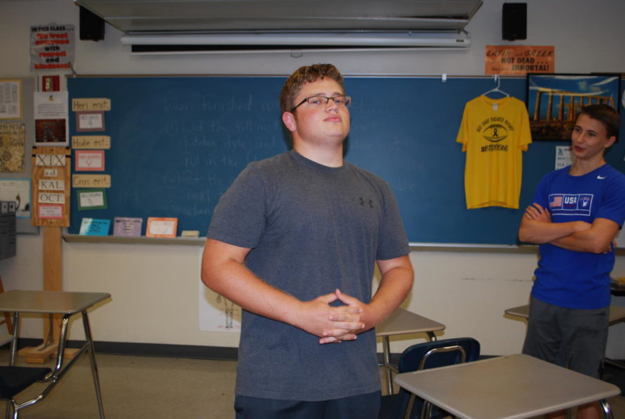 On Sep. 19, junior Aiden Stein goofs around in his Latin 3 class. The class is all about ancient history, so they dont shy away from silliness.