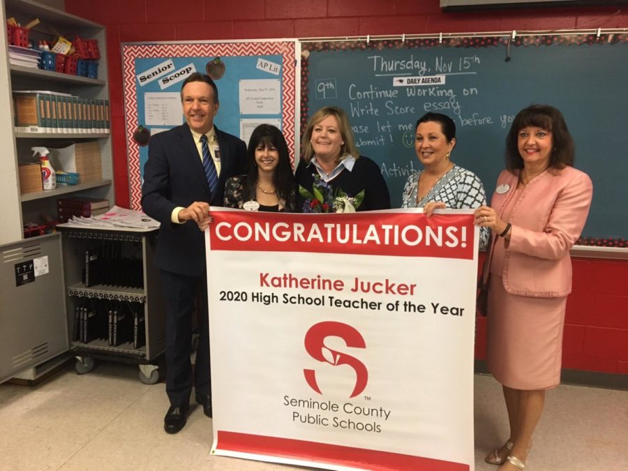 Katherine+Jucker+receives+recognition+as+a+Seminole+County+high+school+semifinalist+for+Teacher+of+the+Year.+Representatives+from+the+county+rewarded+her+for+her+hard+work+and+commitment.+