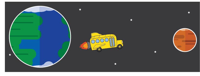 In this graphic, the Magic School Bus travels to Mars. This graphic mirrors the journey traveled by the InSight lander