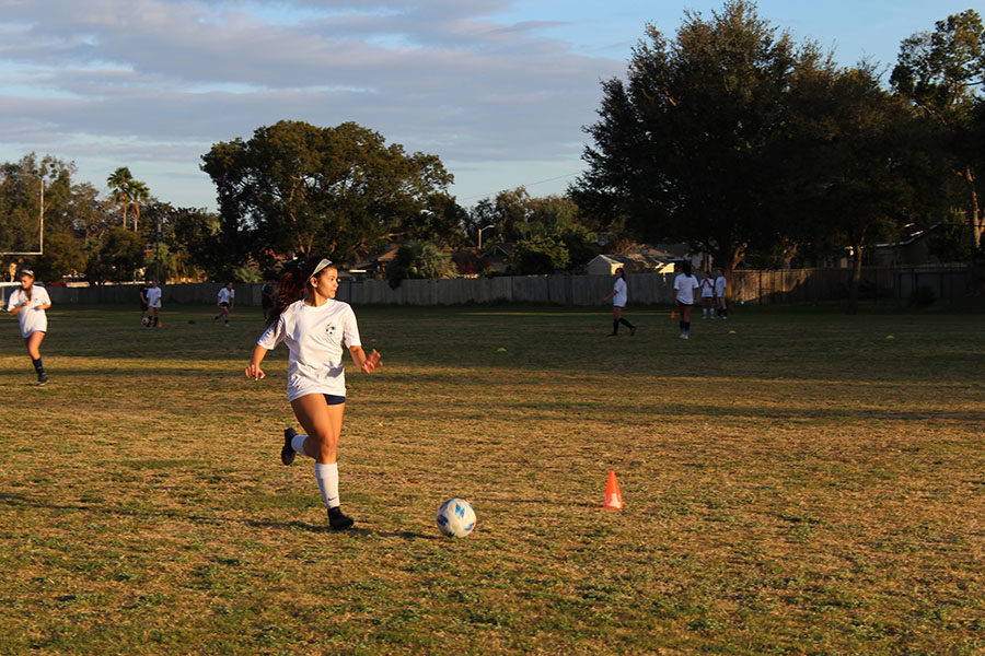 The girls varsity soccer team practices at Brantley South after school on Jan 22. The team won 10 out of their 15 games this season, making them eligible to move on to the district tournament.