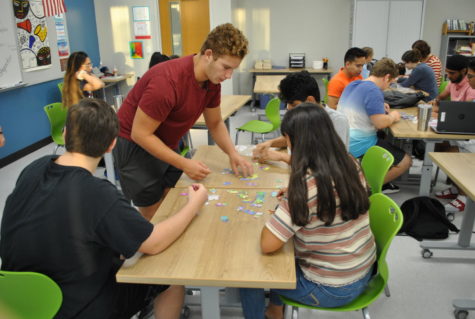 Seniors Keaton Johnson, Joshua Roberts, Arjun Mahamkali, and Rachel Narvaez solve an incomplete puzzle during Fitzgeralds AP Research class. The goal of the assignment was to show students that their  project will have gaps that they need to fill with their own research.