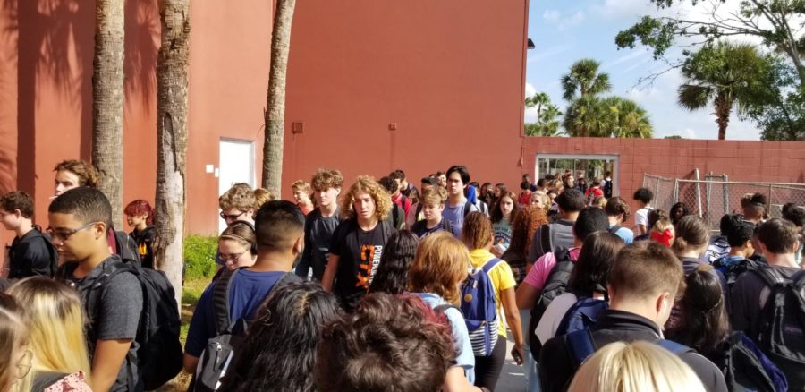 Students walk from class to class in between periods. Due to the current concerns about school safety, Lake Brantley has added new gates, regulations, and security guards.