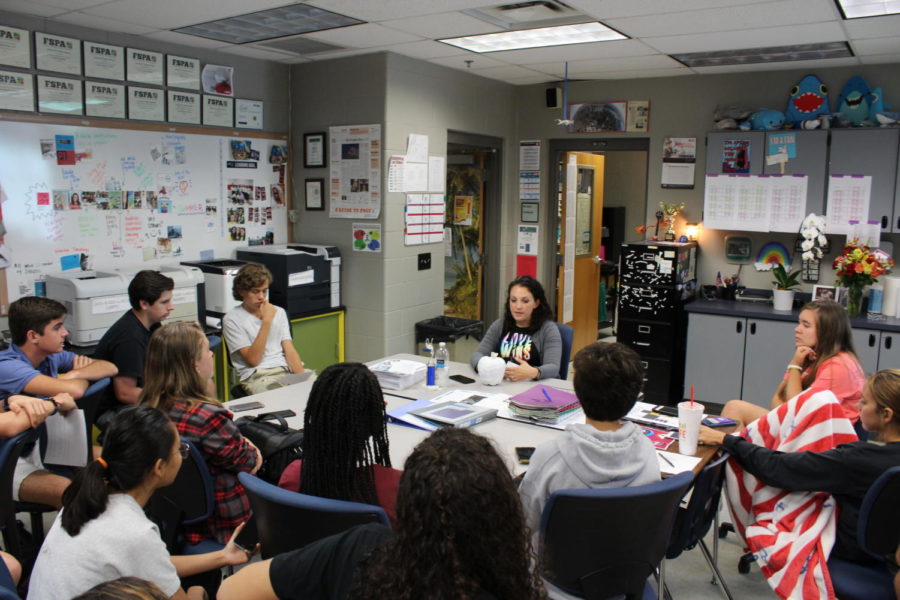 Yearbook and Newspaper adviser Katie Turkelson participates in a press conference run by her newspaper staff. She explained her teaching methods and how she creates a safe space in her classroom.  