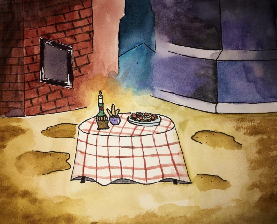 Drawing of the spaghetti dinner scene from Lady and the Tramp.