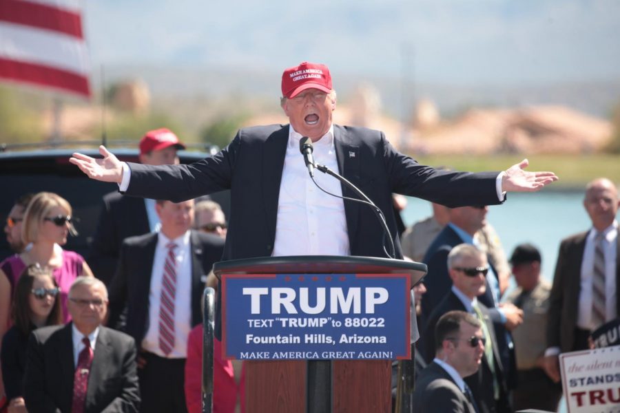 Donald Trump speaking with supporters at a campaign rally at Fountain Park in Fountain Hills, Arizona