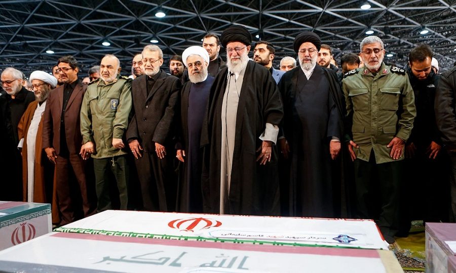 Iranian Supreme Leader Ayatollah Khamenei and other Iranian leaders at the funeral of Quasem Soleimani on Jan. 6.