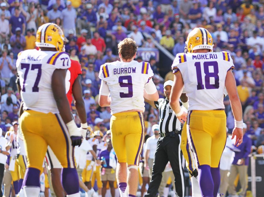 LSU Tigers quarterback Joe Burrow #9, LSU Tigers offensive tackle Saahdiq Charles (77), and LSU Tigers tight end Foster Moreau (18), Georgia Bulldogs vs LSU Tigers, Football, Tiger Stadium, October 13, 2018, Baton Rouge, Louisiana, Tammy Anthony Baker, Photographer