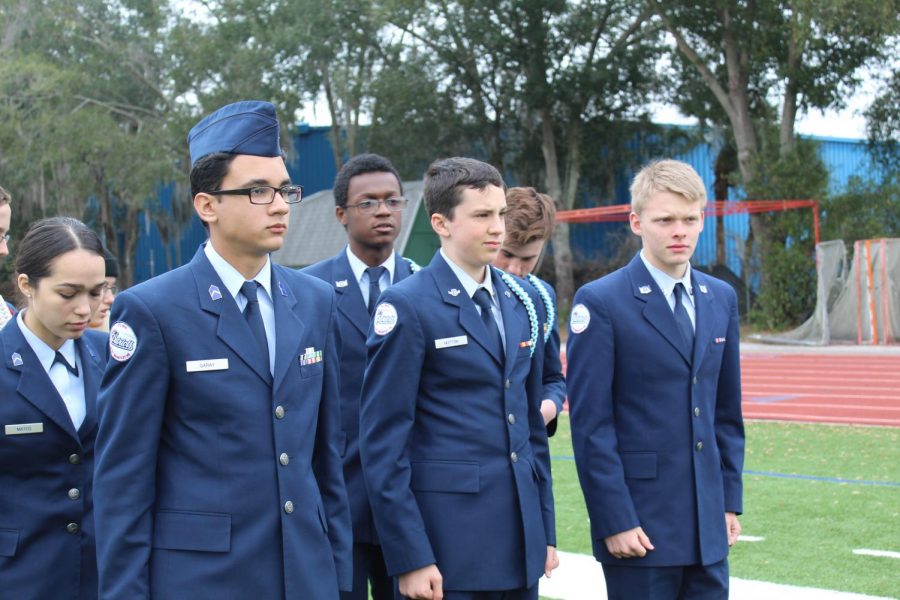 ROTC cadets, Brian Garay, Dylan Hutton and Stephen Mackenzie are seen practicing commends on the field during a drill practice on Wednesday, Jan. 22.