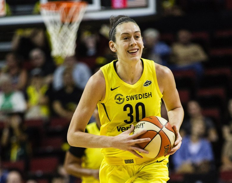 Seattle Storm player Breanna Stewart smiles during her game against the Dallas Wings on Aug. 19, 2018. Before 2020, this was one of the last WNBA games she participated in, due to the injury she sustained while playing in Russia in 2019.