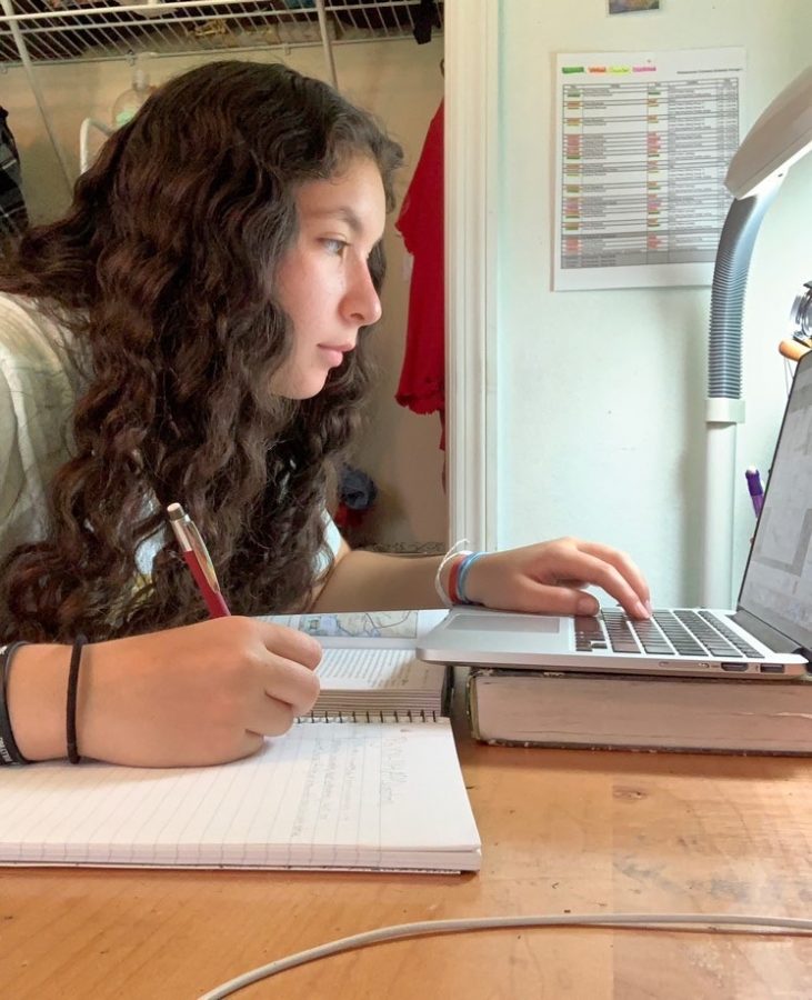 On Aug. 18, sophomore Maya Silver works on her AP World History class. “Learning online is different from in school in the sense that there aren’t many opportunities to socialize with other people,” Silver said. Some teachers let us go in the chat, but it’s not the same as being able to talk to your friends in person.”