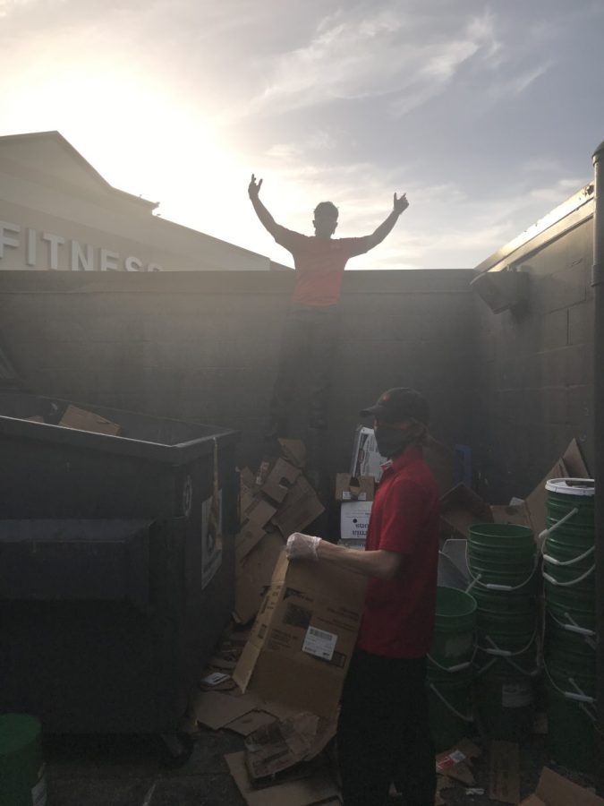 In the midst of the pandemic, these Chick-fil-a employees do their best to maintain social distancing guidelines. Theyre still able to cooperate as one can break down the boxes while the other organizes them into the dumpster. These are just some of the ways they try to stay safe during the pandemic.