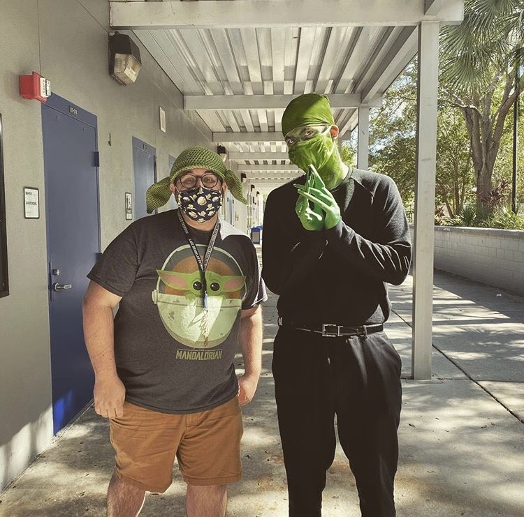 Chorus teacher Nicholas Powers and drama teacher Chase Cashion show school spirit by dressing up for Spaced Out! day.  Powers and Cashion are a staple on campus when it comes to school spirit days, consistently wearing over the top costumes and usually coordinating.   