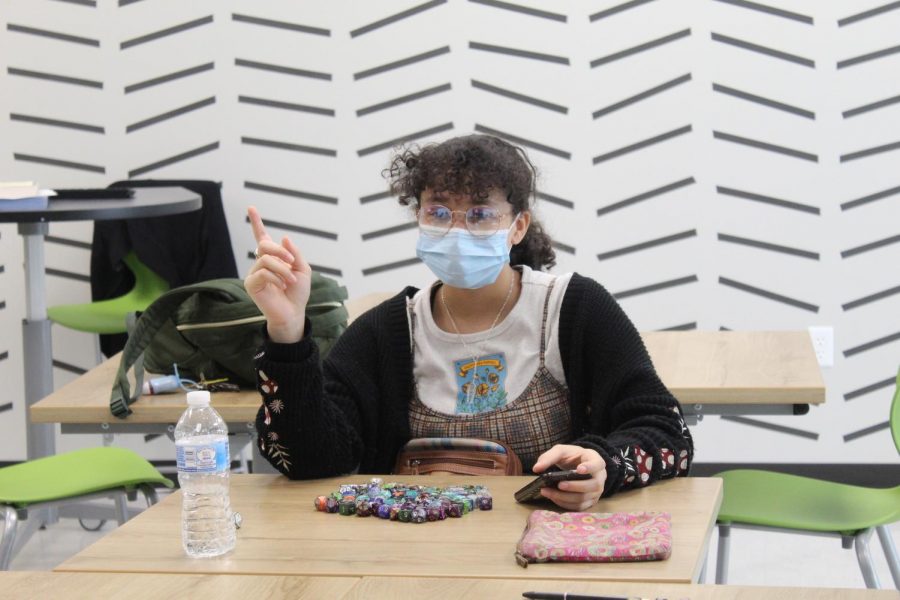 Kiera Moore sits in front of her collection of dice as she participates in an adventure at Friday, Sep. 2’s Dungeons & Dragons club meeting. “I’ve been playing D&D for about 4 years,” Moore said. “A friend of mine invited me to play because I bought her a D&D starter kit from Barnes and Noble.”