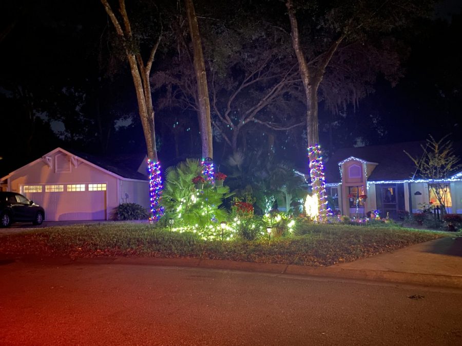 Many people this year are using their natural landscaping to elevate their lights, like this scene in The Trails subdivision of Country Creek. Although it’s a great way to use an unconventional lawn, some houses here still stick with classics like inflatables or light structures.
