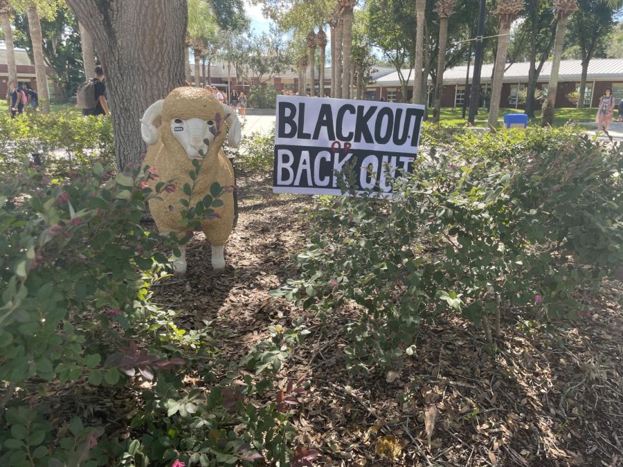On Monday, Sept. 12, the annual Lake Mary ram statue was placed in front of the Darwin Booth Tree in the courtyard. Student Government members decorate the ram in accordance with the spirit day themes, which on this day, was “black-out or back-out”