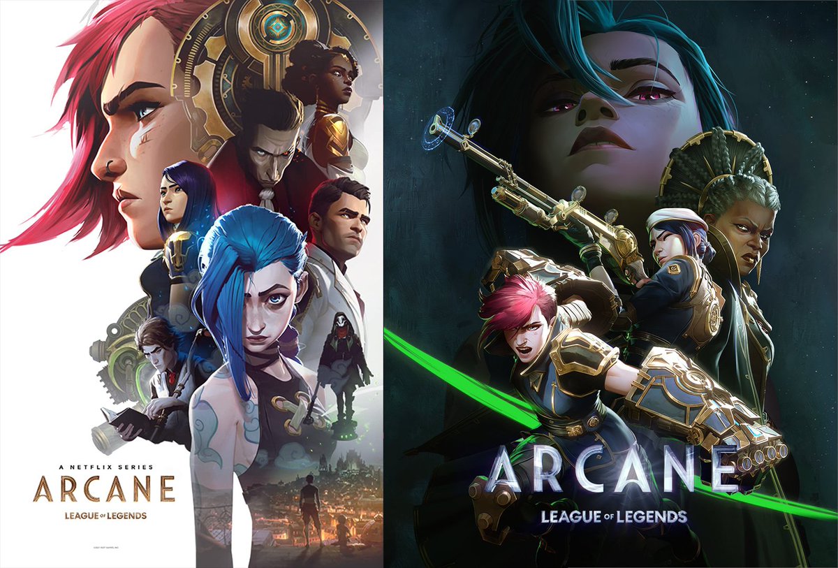 The "Arcane" season one poster is seen verses the new season two poster. "Arcane" is an animated Netflix show based off the popular video game characters from "League of Legends." It follows sisters Vi and Jinx and the friends (and enemies) they make along the way in their journey living in battling cities.